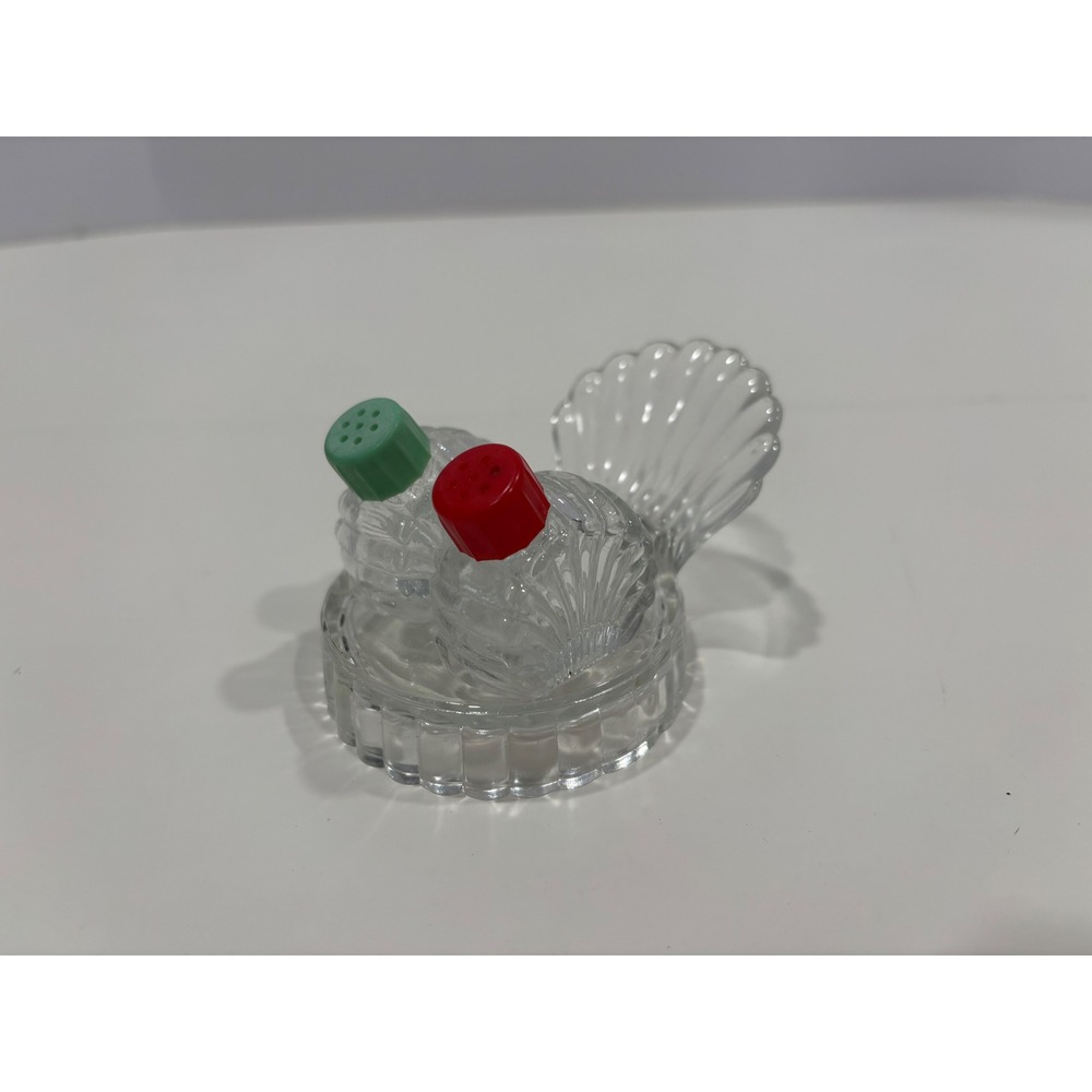 Vintage Glass Shell Salt and Pepper Shakers with Holder Red Green Caps Clear